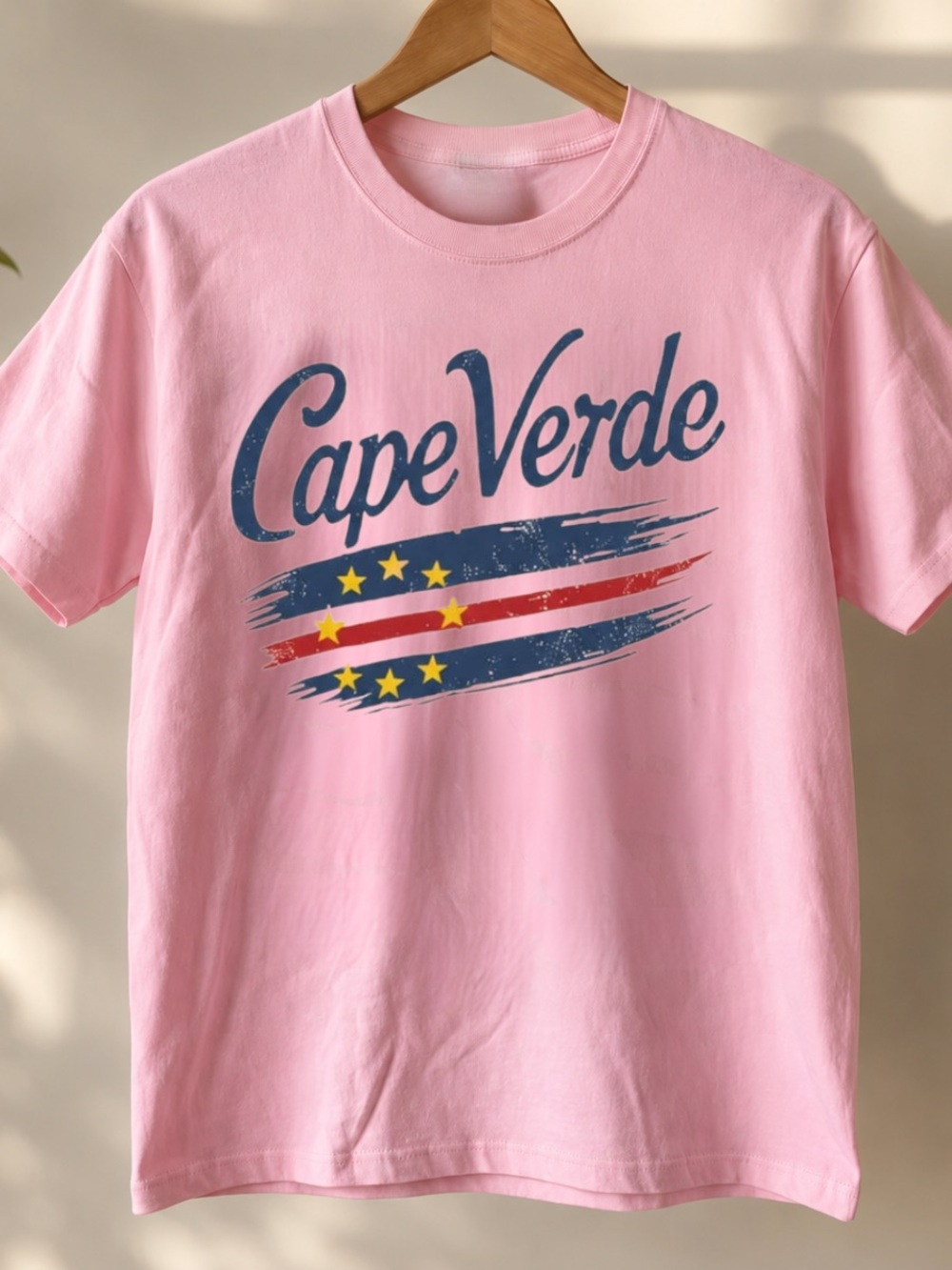 Gildan Pink Cape Verde Graphic Tee with Navy, Red & Yellow Print